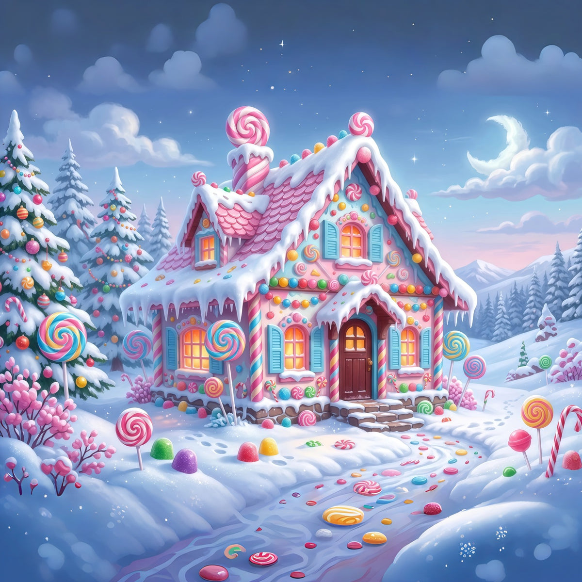 Gingerbread House Backdrop Snow Pastel Candy Cottage Christmas Wall Backdrops RR610-133