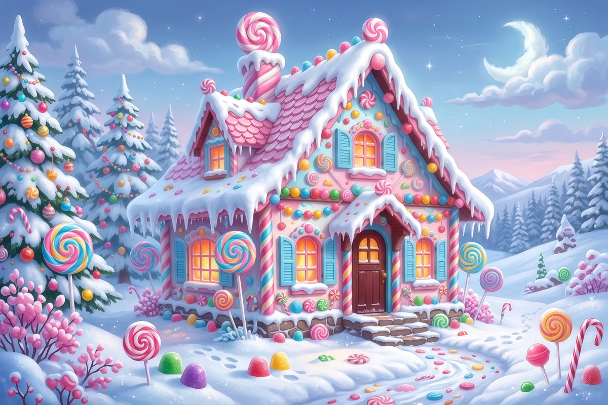 Gingerbread House Backdrop Snow Pastel Candy Cottage Christmas Wall Backdrops RR610-133