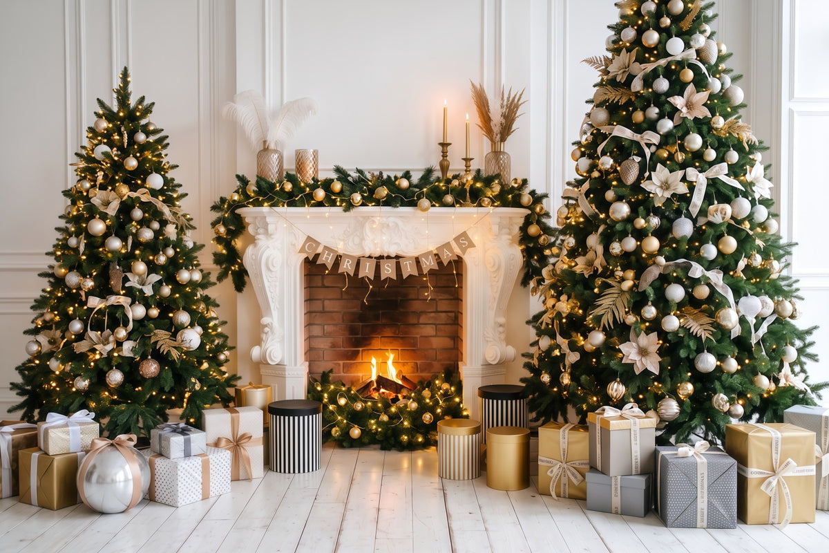 Christmas Photo Backdrop Elegant Gold Fireplace Decor Christmas Backdrop for Photoshoot RR610-135
