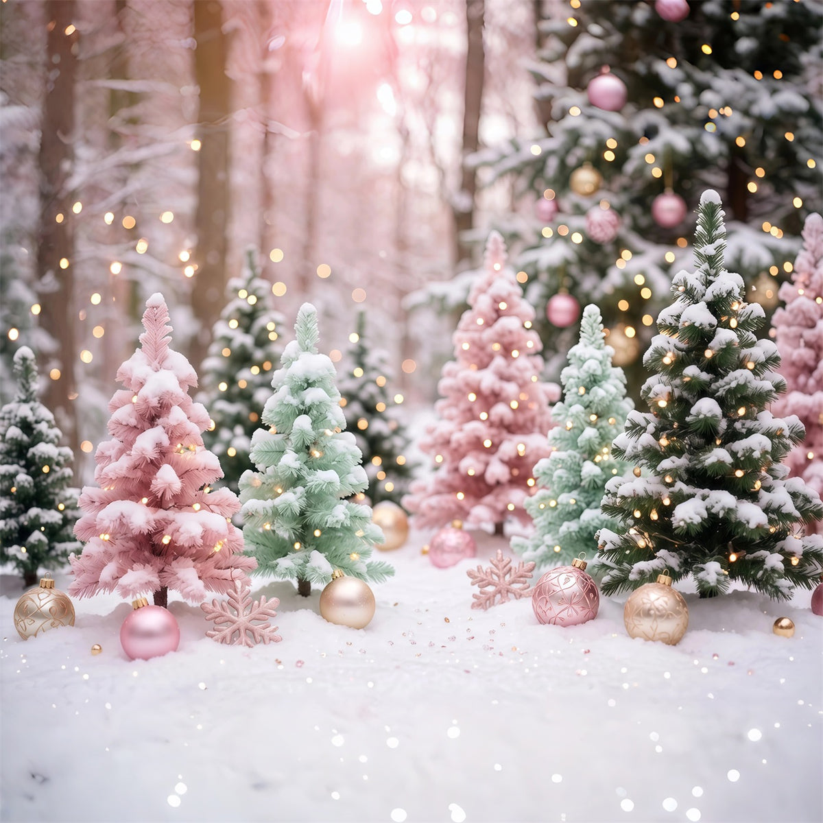 Christmas Tree Backdrops Pastel Frosted Pine Trees Christmas Stage Backdrop RR610-136