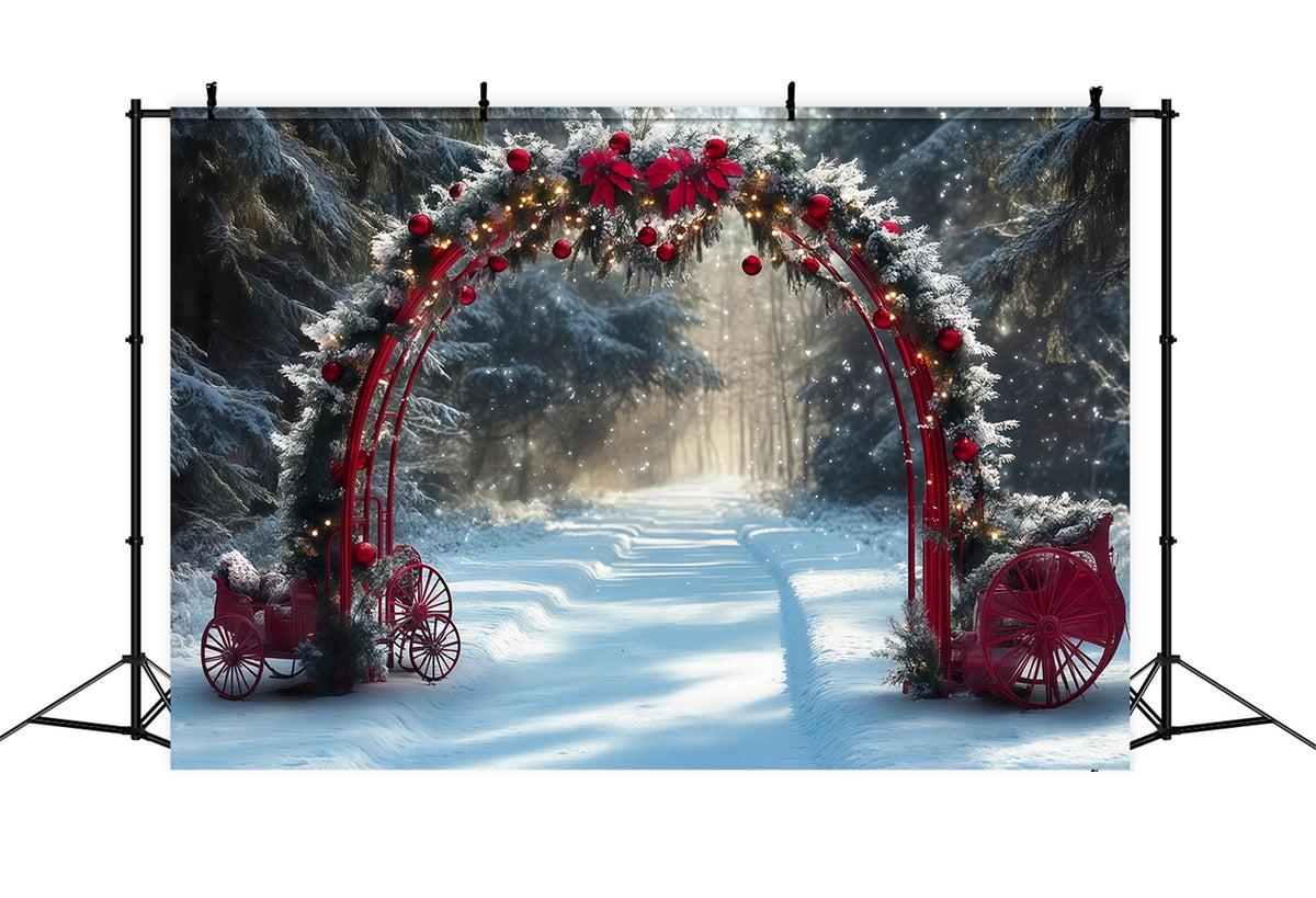 Snowy Christmas Backdrop Red Archway Snowy Carriages Christmas Studio Backdrop RR610-138