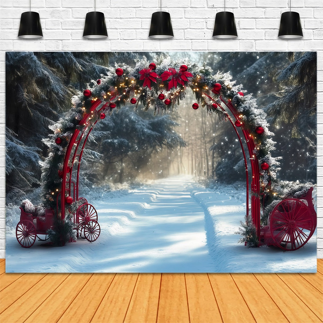 Snowy Christmas Backdrop Red Archway Snowy Carriages Christmas Studio Backdrop RR610-138