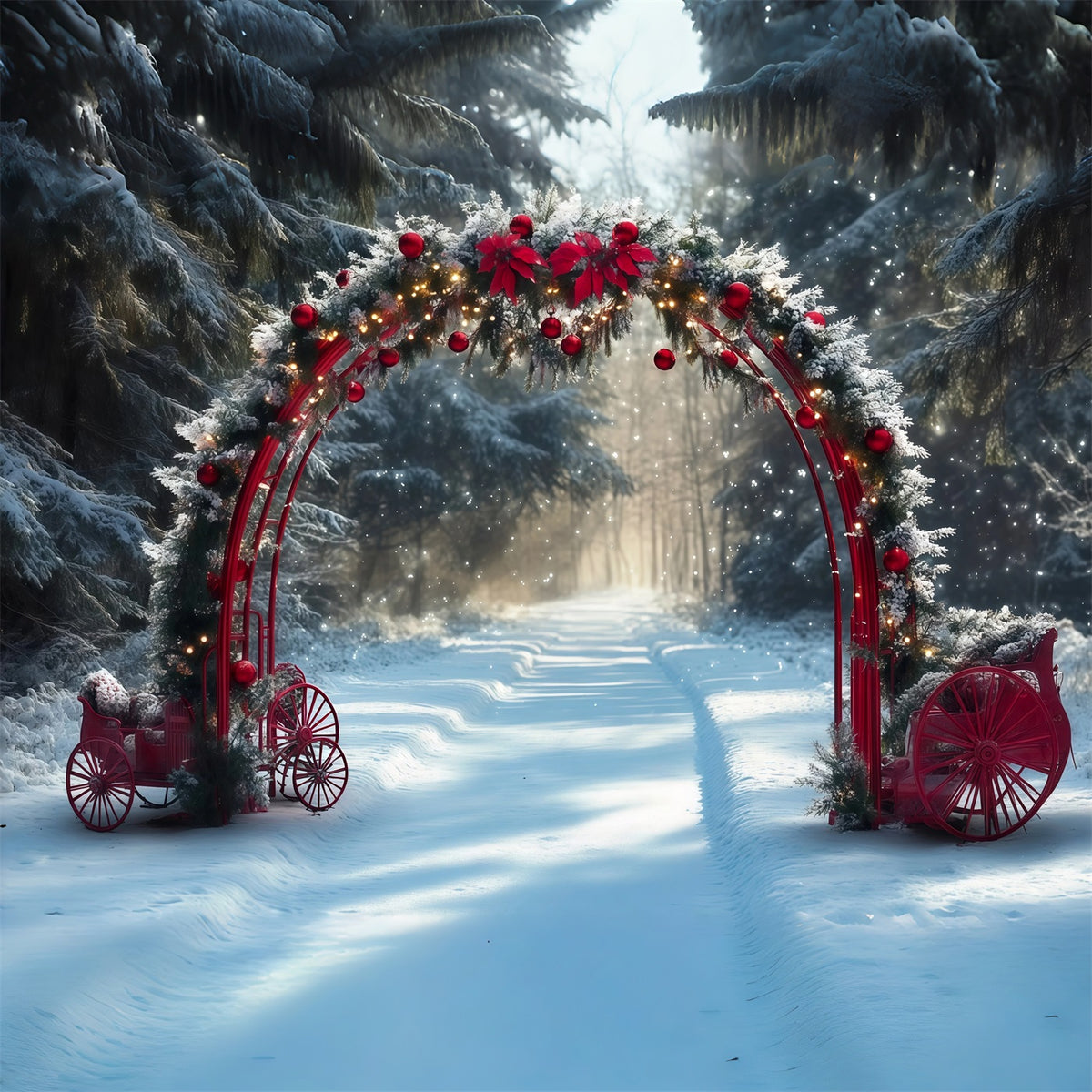 Snowy Christmas Backdrop Red Archway Snowy Carriages Christmas Studio Backdrop RR610-138