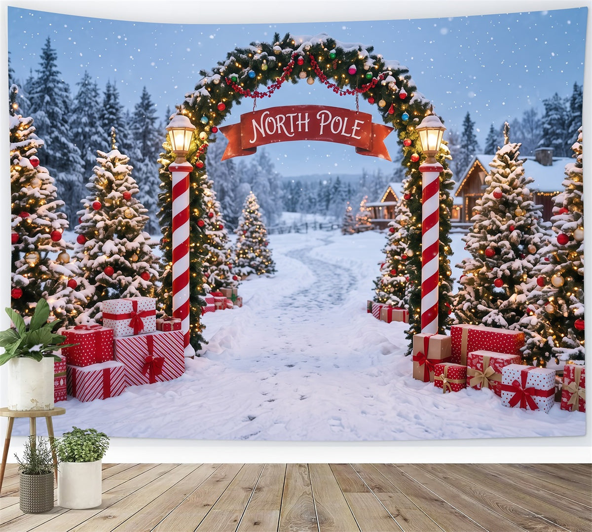 North Pole Photo Backdrop Snowy Village Gateway Professional Photography Christmas Backdrops RR610-141