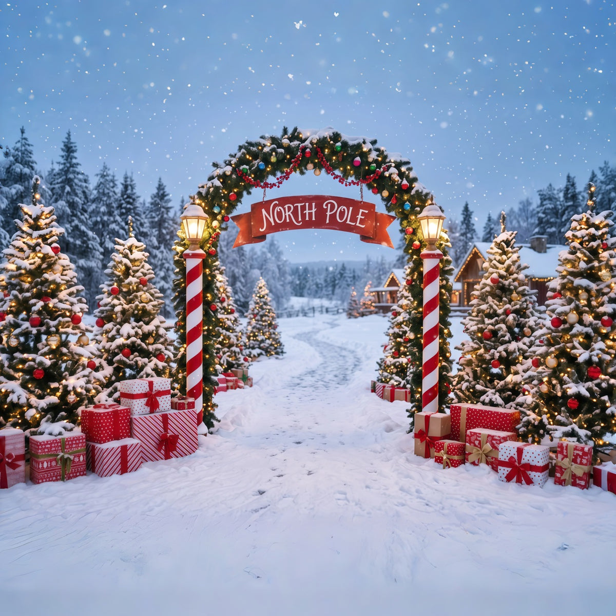 North Pole Photo Backdrop Snowy Village Gateway Professional Photography Christmas Backdrops RR610-141