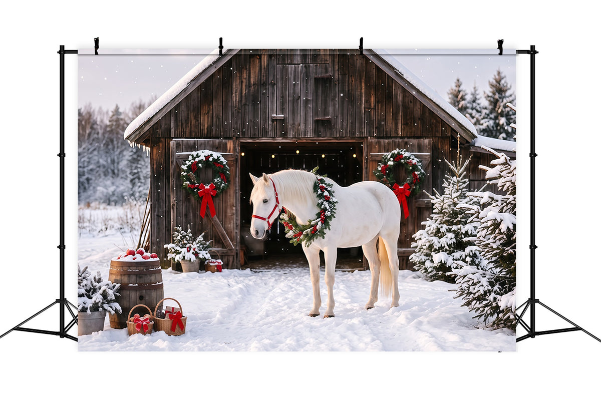 Western Christmas Backdrop White Horse Festive Barn Christmas Backdrop Photoshoot RR610-143