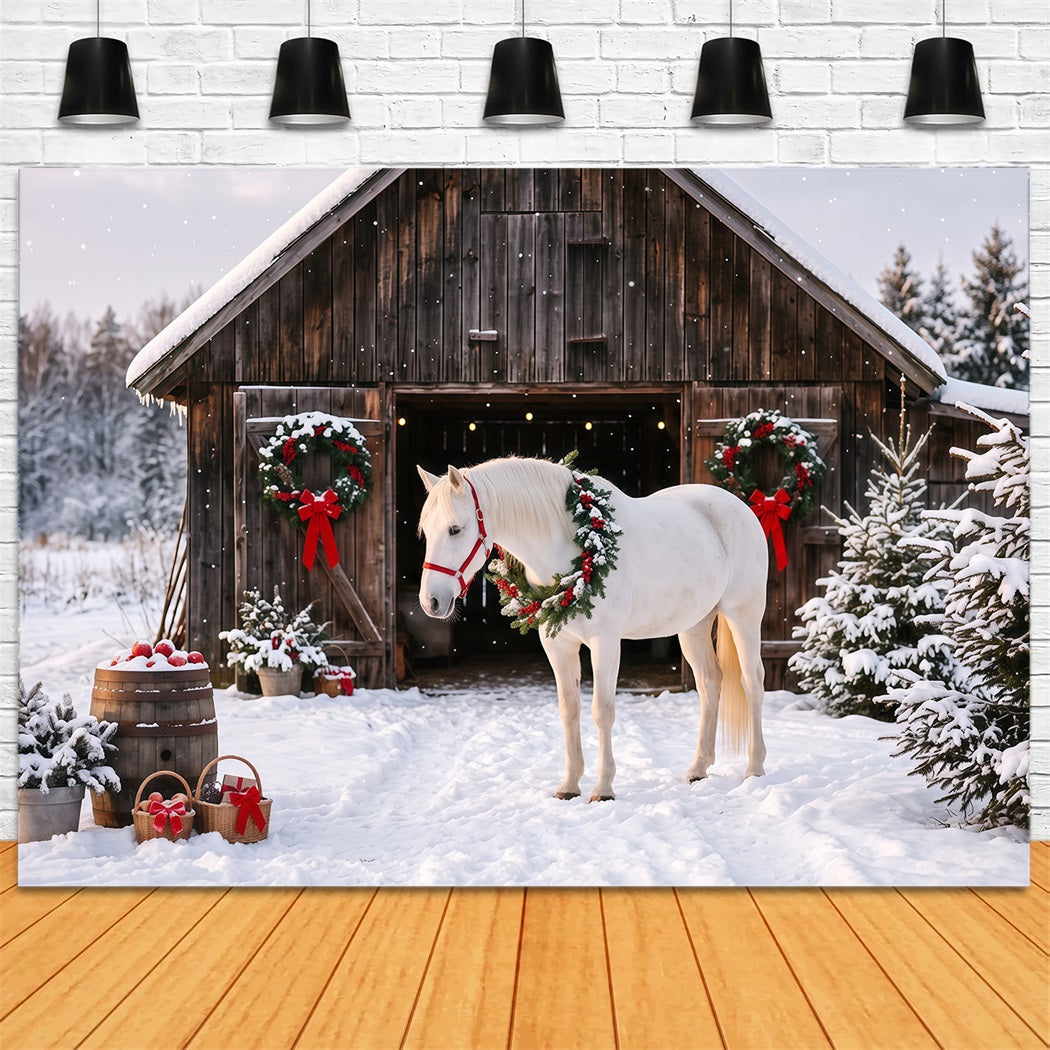 Western Christmas Backdrop White Horse Festive Barn Christmas Backdrop Photoshoot RR610-143
