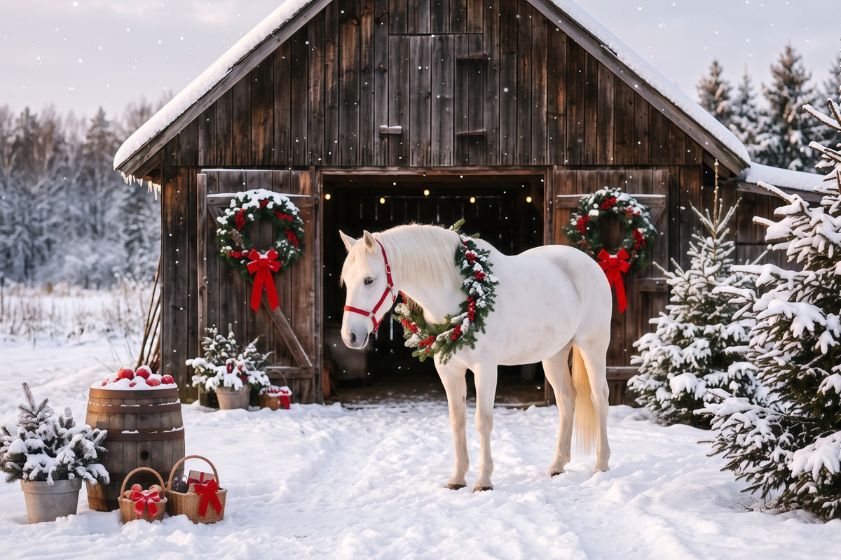 Western Christmas Backdrop White Horse Festive Barn Christmas Backdrop Photoshoot RR610-143