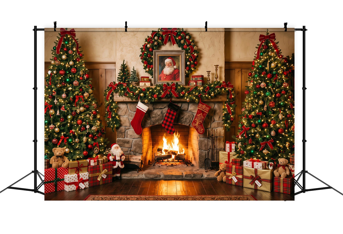 Santa Photo Backdrop Rustic Fireplace Stocking Display Christmas Village Backdrop Ideas RR610-144