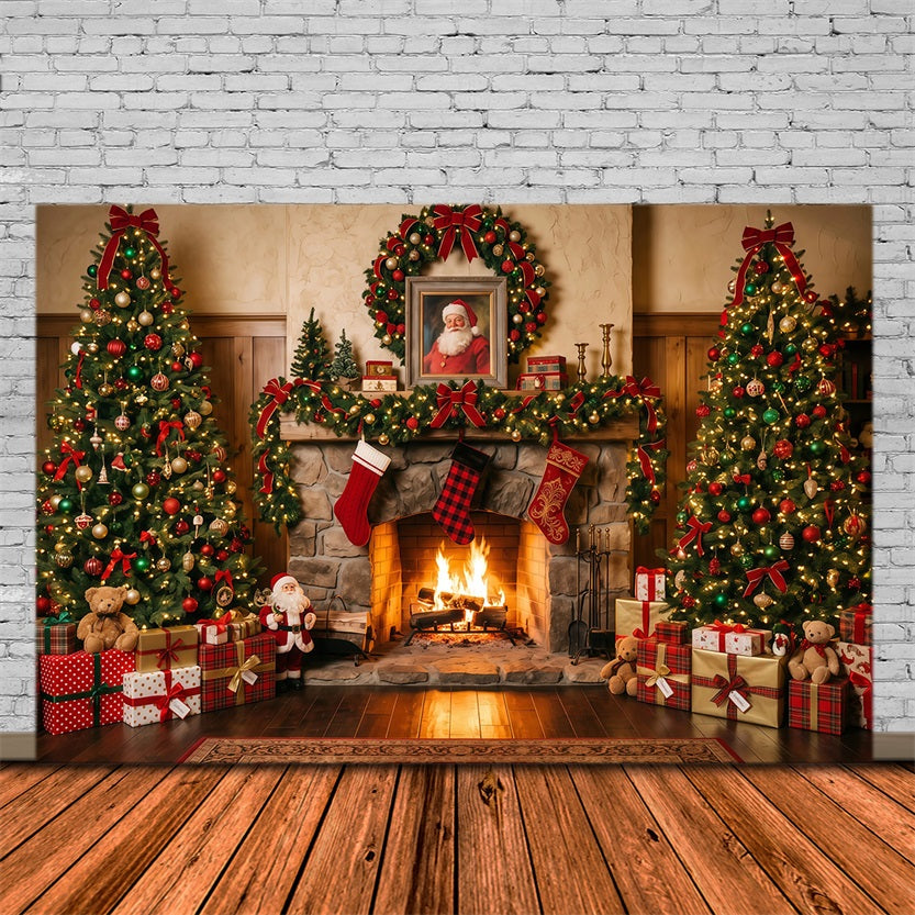 Santa Photo Backdrop Rustic Fireplace Stocking Display Christmas Village Backdrop Ideas RR610-144