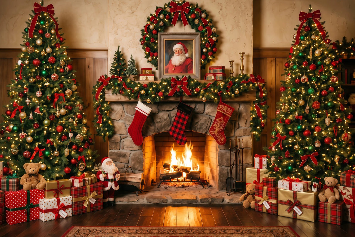 Santa Photo Backdrop Rustic Fireplace Stocking Display Christmas Village Backdrop Ideas RR610-144