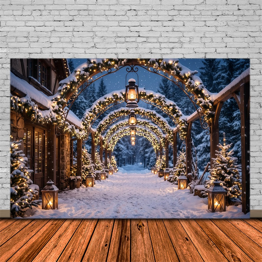 Christmas Arch Backdrop Glowing Lantern Snowy Archway Xmas Photo Backdrops RR610-145