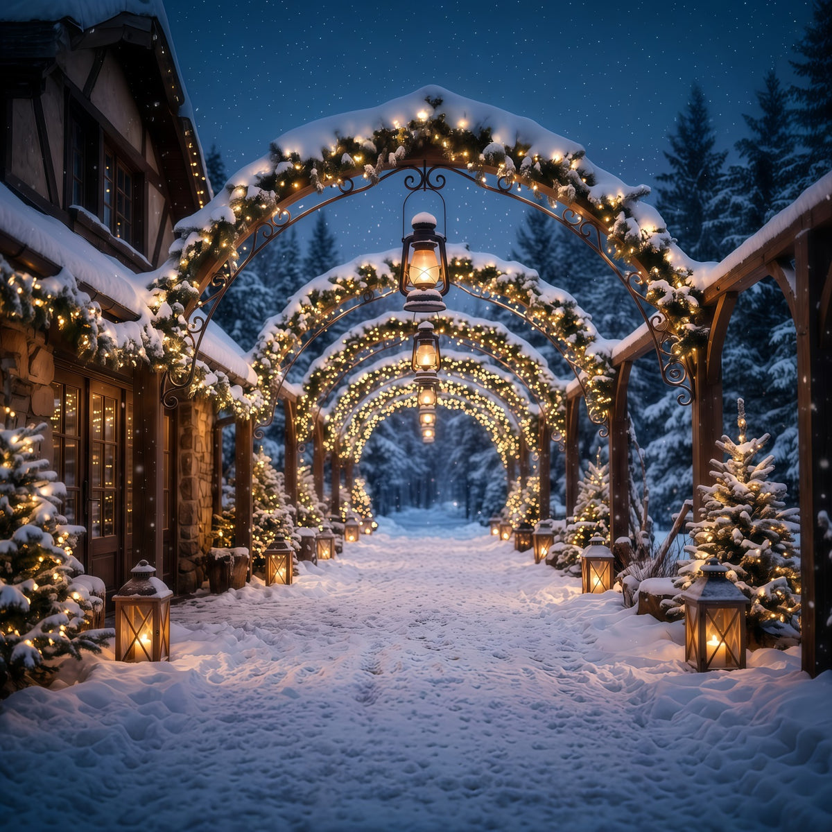 Christmas Arch Backdrop Glowing Lantern Snowy Archway Xmas Photo Backdrops RR610-145
