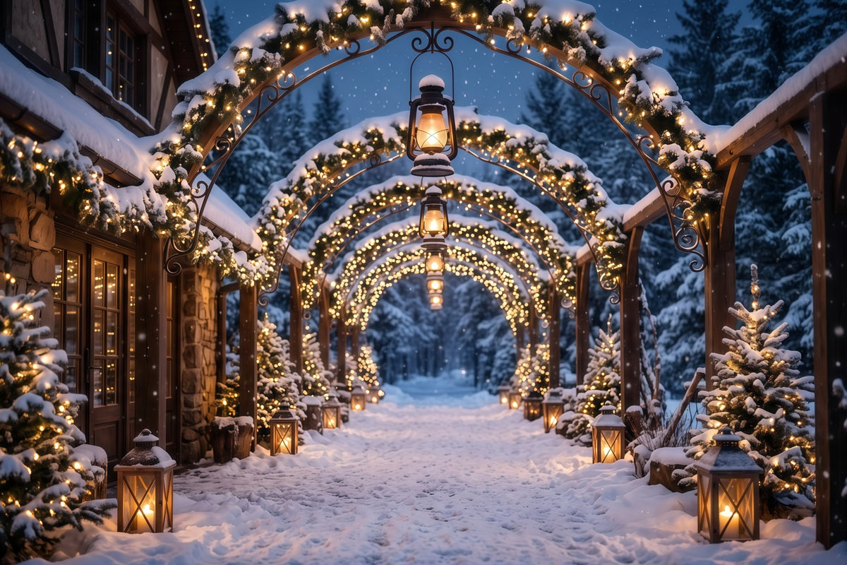 Christmas Arch Backdrop Glowing Lantern Snowy Archway Xmas Photo Backdrops RR610-145