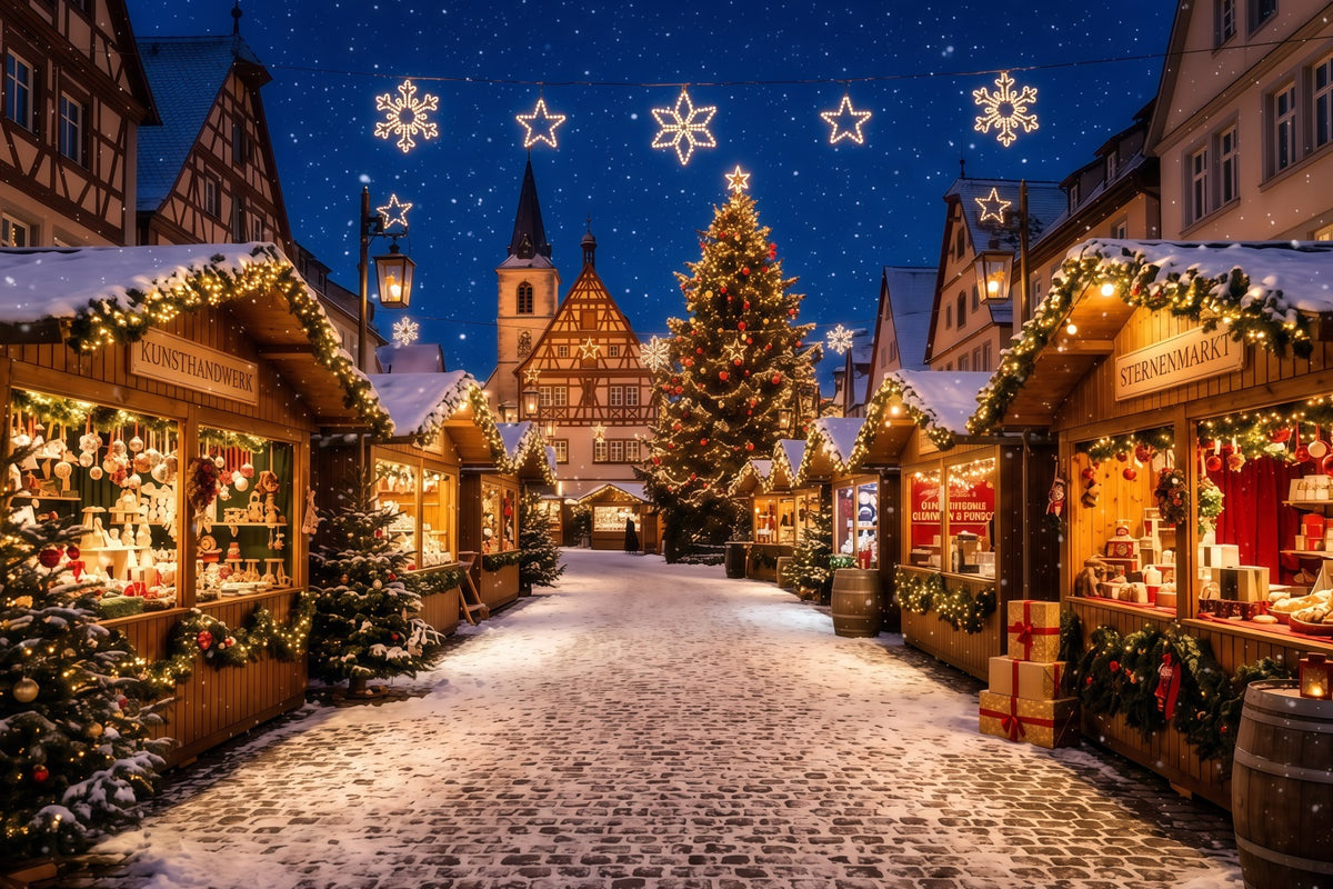 Christmas Town Backdrops Snowy European Market Square Christmas Backdrop Photos RR610-146