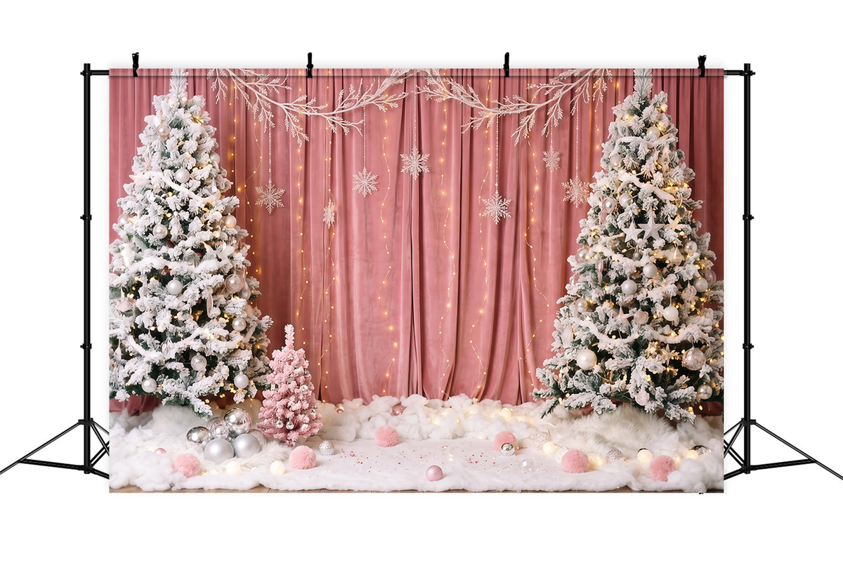 Winter Christmas Backdrop Pink Curtain Snowy Tree Christmas Theme Backdrops RR610-147