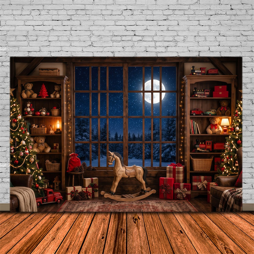 Santa Workshop Backdrop Moonlit Toyroom Window Display Xmas Backdrops Photography RR610-148