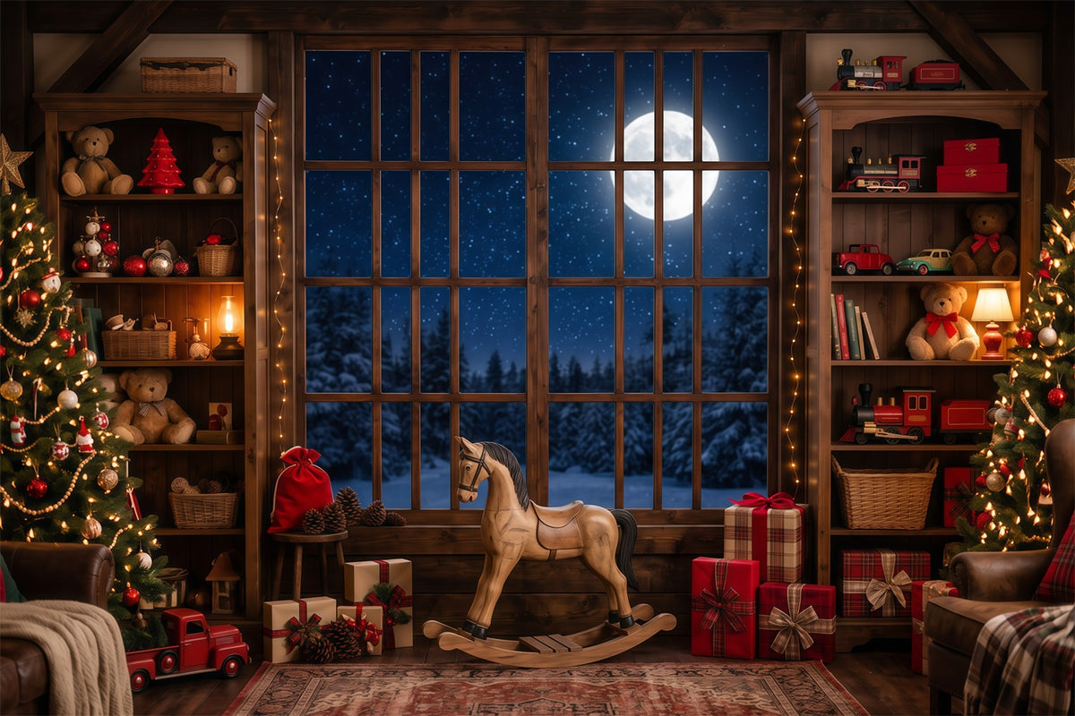 Santa Workshop Backdrop Moonlit Toyroom Window Display Xmas Backdrops Photography RR610-148