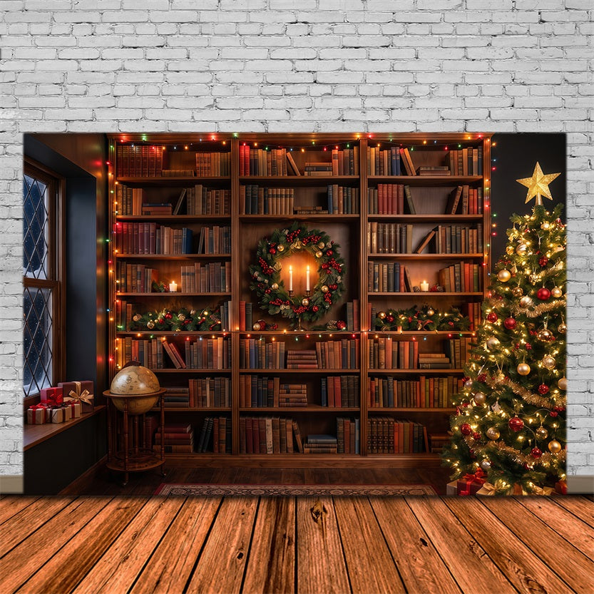 Victorian Christmas Backdrops Festive Library Bookshelf Glow Christmas Holiday Backdrops RR610-149
