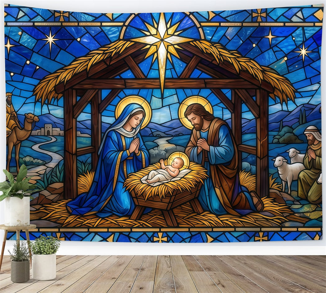 Bethlehem Backdrop For Nativity Stained Glass Nativity Christmas Backdrop For Church RR610-15