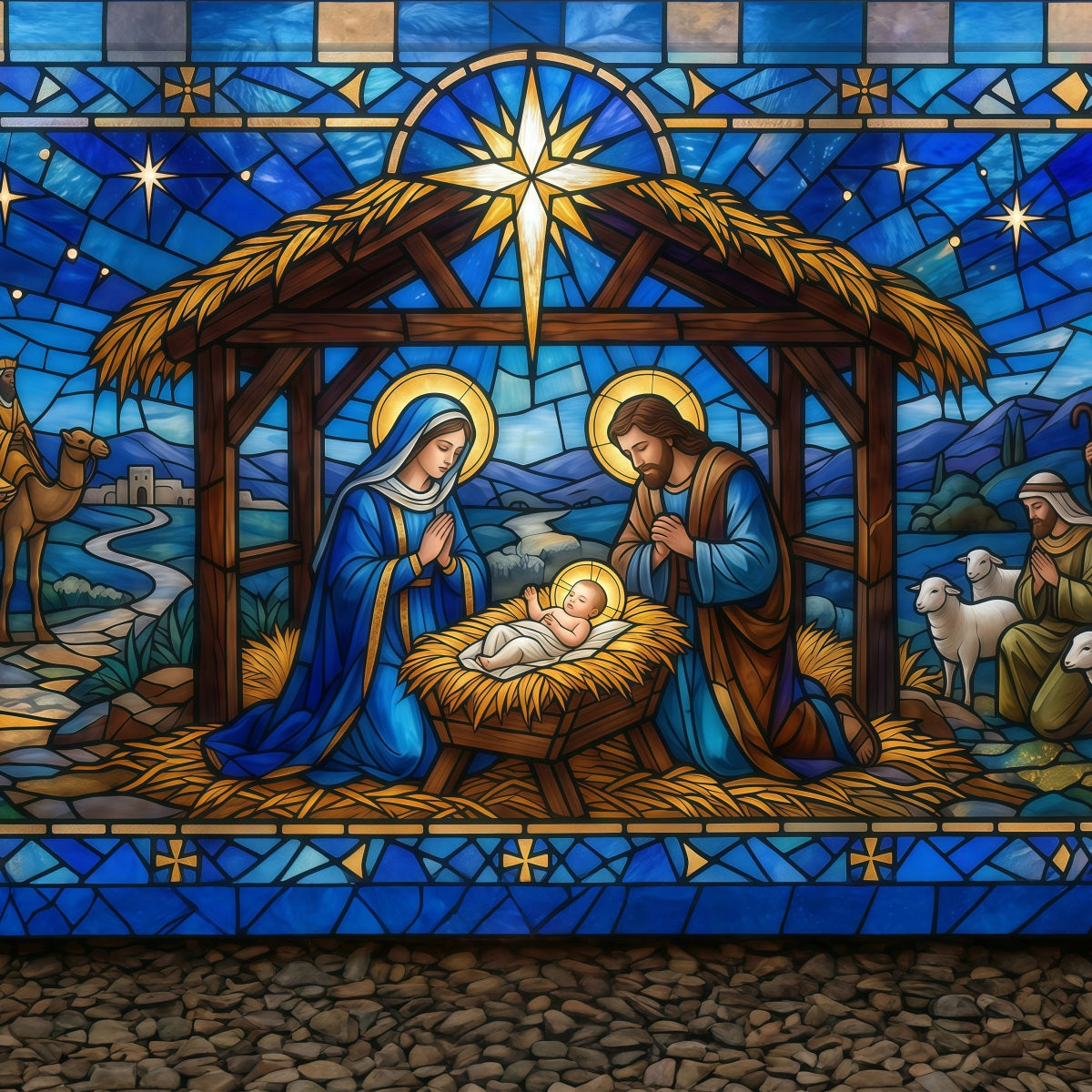 Bethlehem Backdrop For Nativity Stained Glass Nativity Christmas Backdrop For Church RR610-15