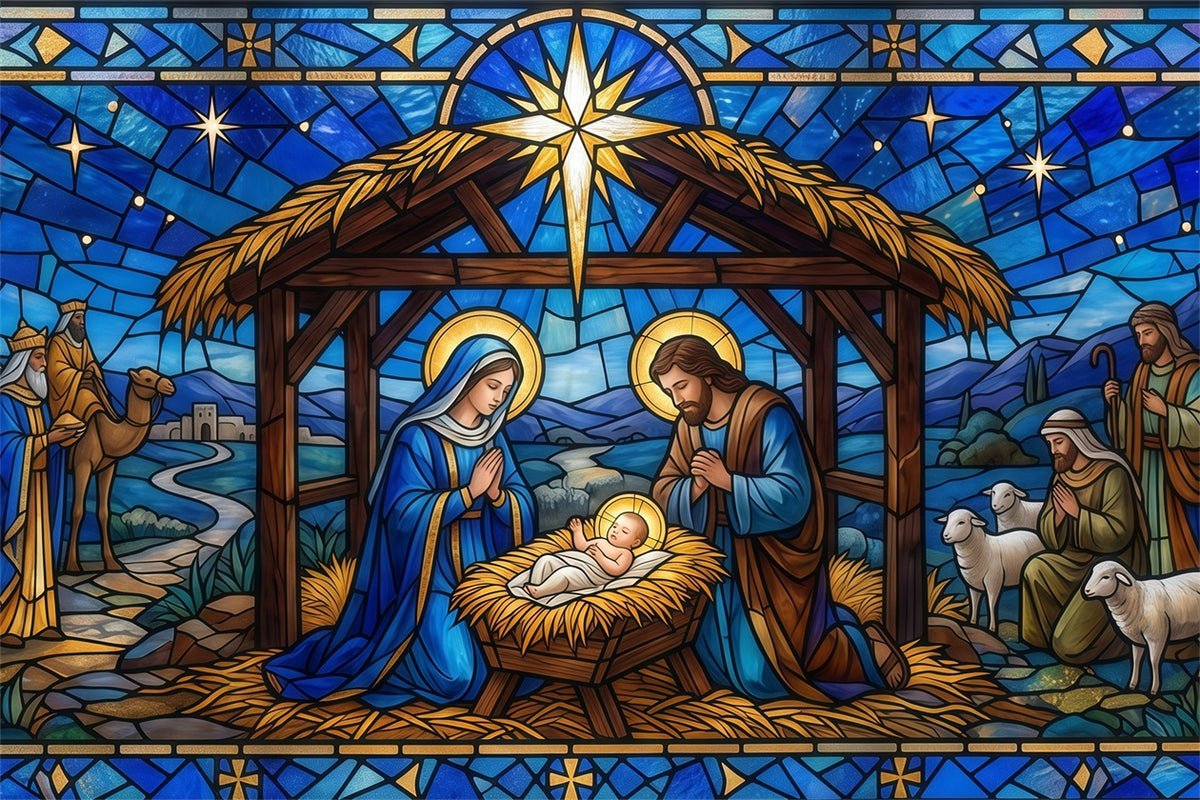 Bethlehem Backdrop For Nativity Stained Glass Nativity Christmas Backdrop For Church RR610-15
