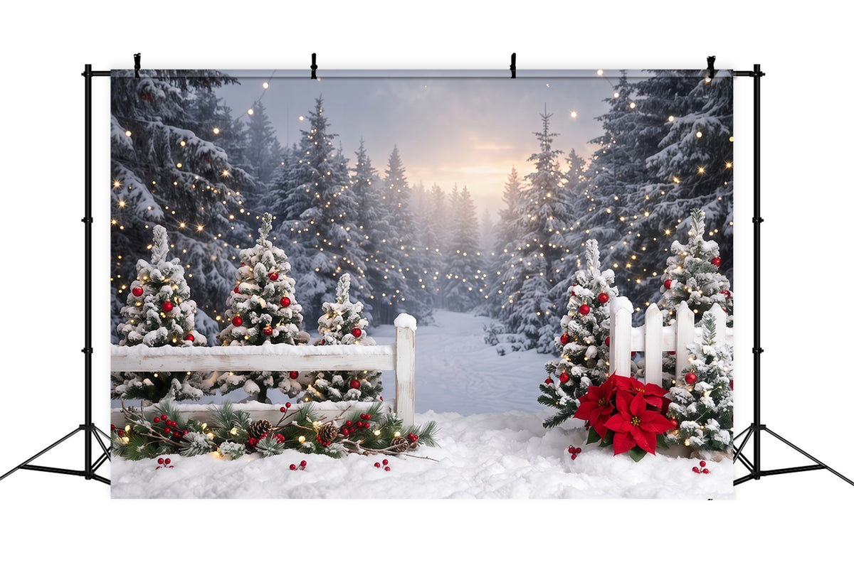 Christmas Tree Forest Backdrop Snowy Fence Poinsettia Path Xmas Backdrop for Photos RR610-150