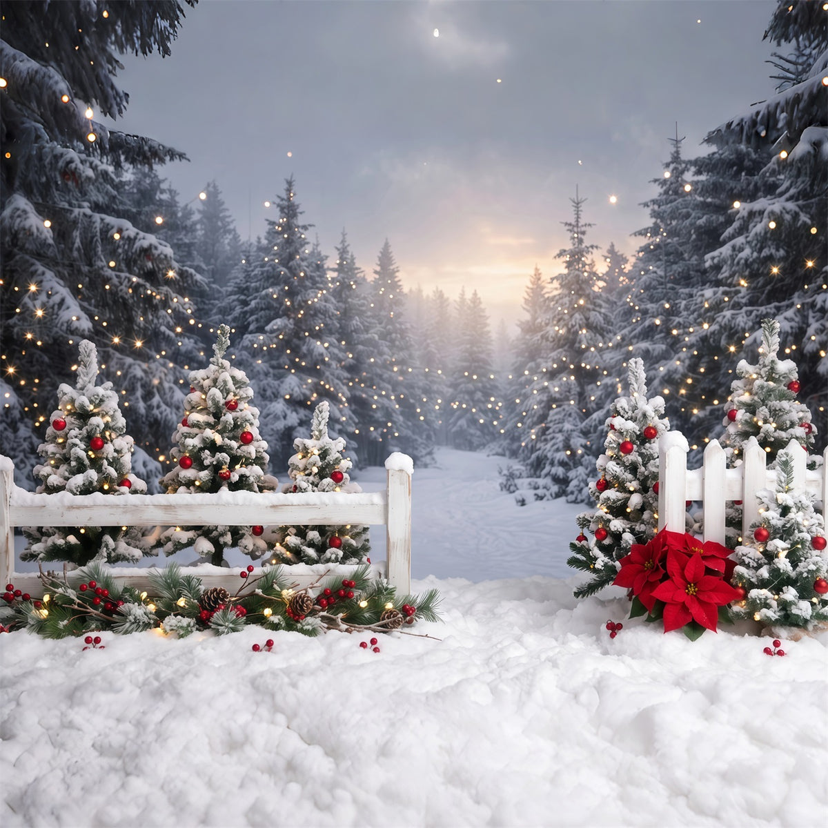 Christmas Tree Forest Backdrop Snowy Fence Poinsettia Path Xmas Backdrop for Photos RR610-150