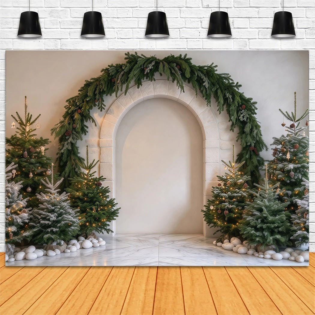 Photography Christmas Tree Backdrop Evergreen Garland Stone Arch Xmas Photo Backdrop RR610-151