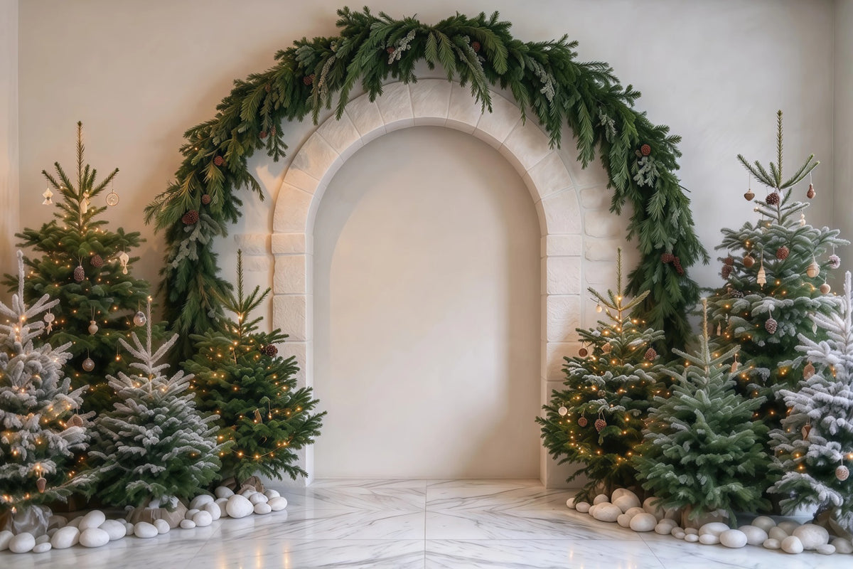 Photography Christmas Tree Backdrop Evergreen Garland Stone Arch Xmas Photo Backdrop RR610-151