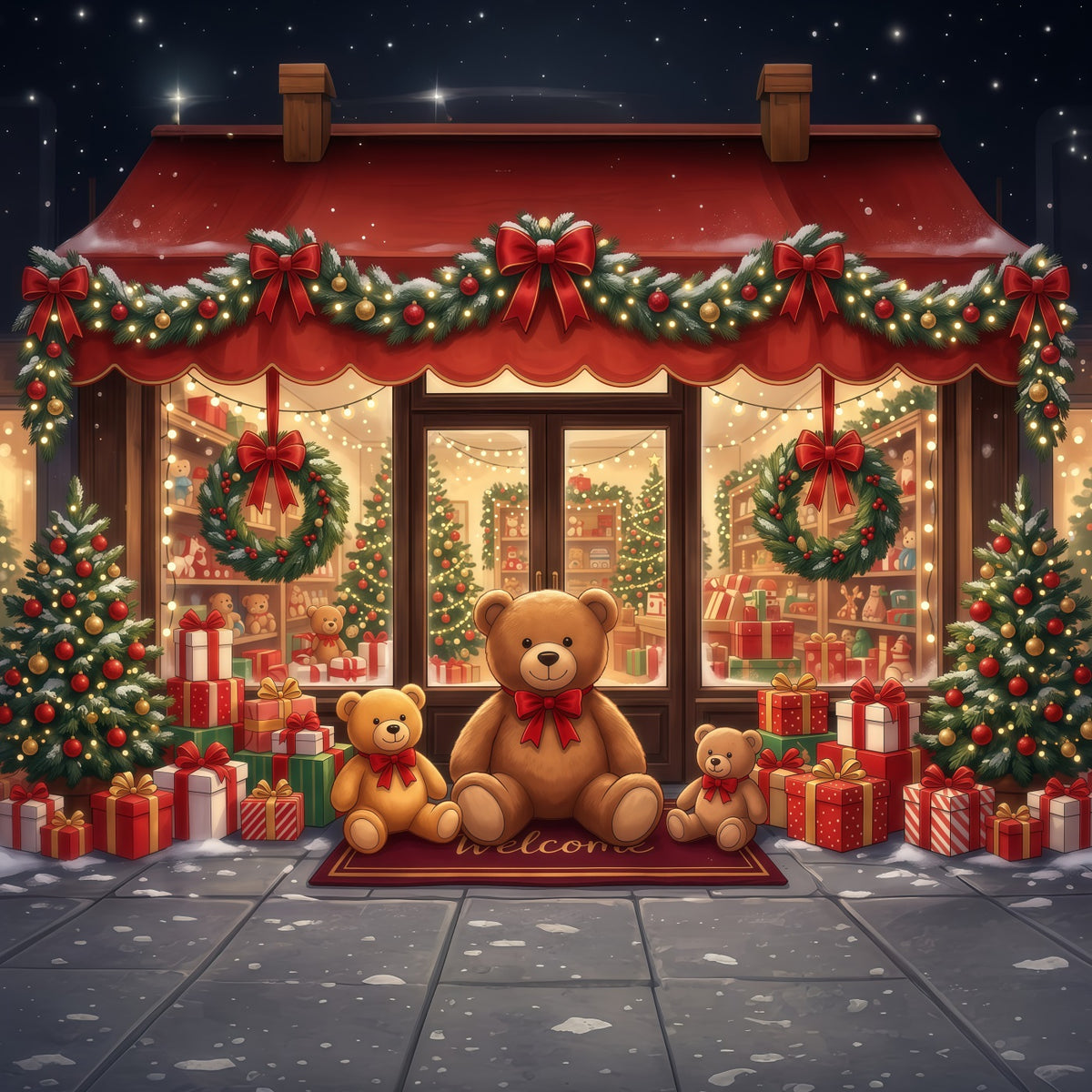 Christmas Store Backdrop Festive Teddy Bear Toyshop Christmas Party Backdrops RR610-152