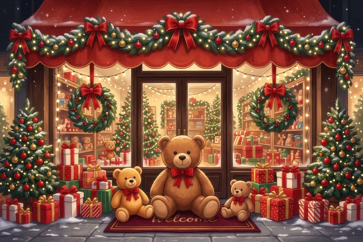 Christmas Store Backdrop Festive Teddy Bear Toyshop Christmas Party Backdrops RR610-152