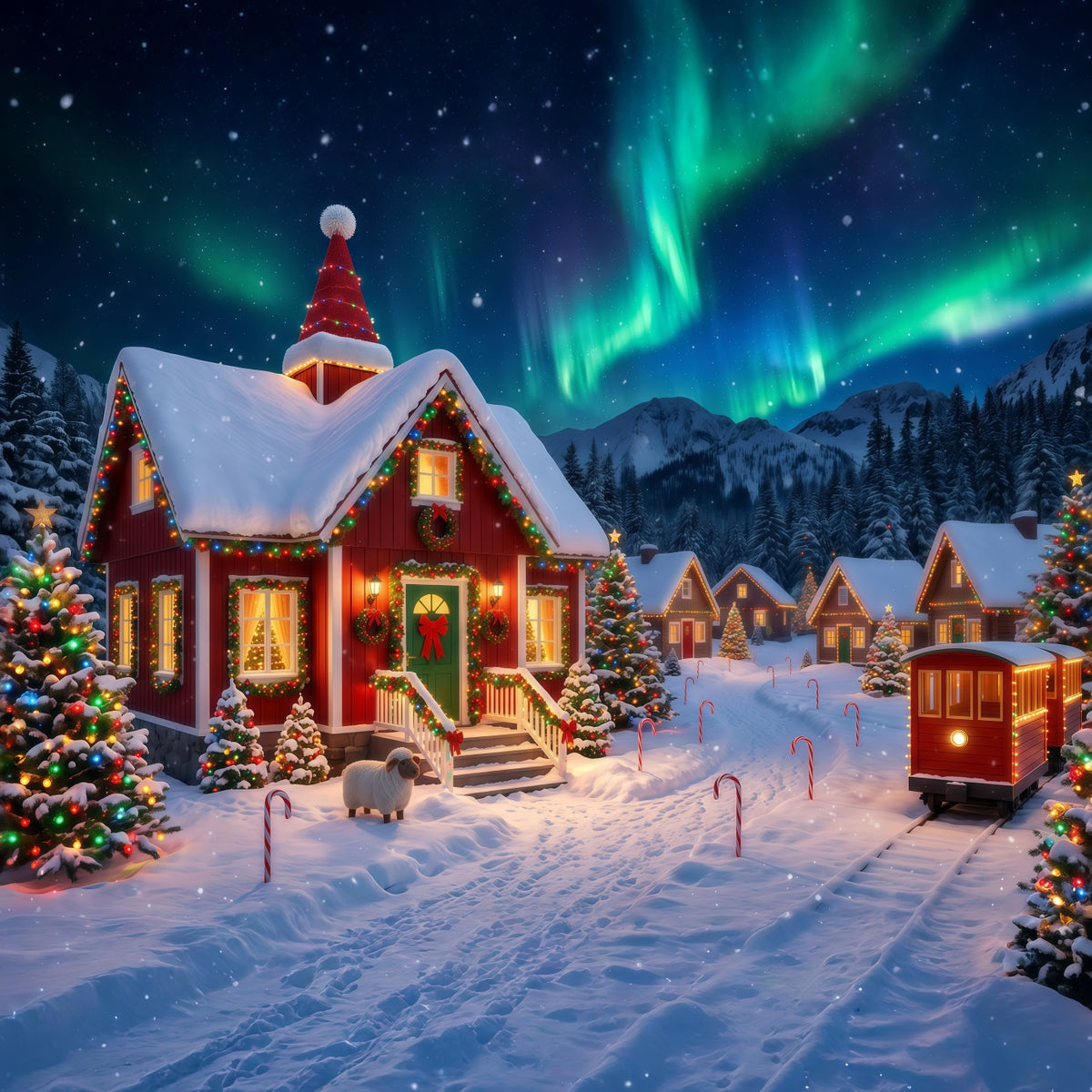 Christmas Elf Backdrop Aurora Snowy Village Lights Christmas Photos Backdrop RR610-153