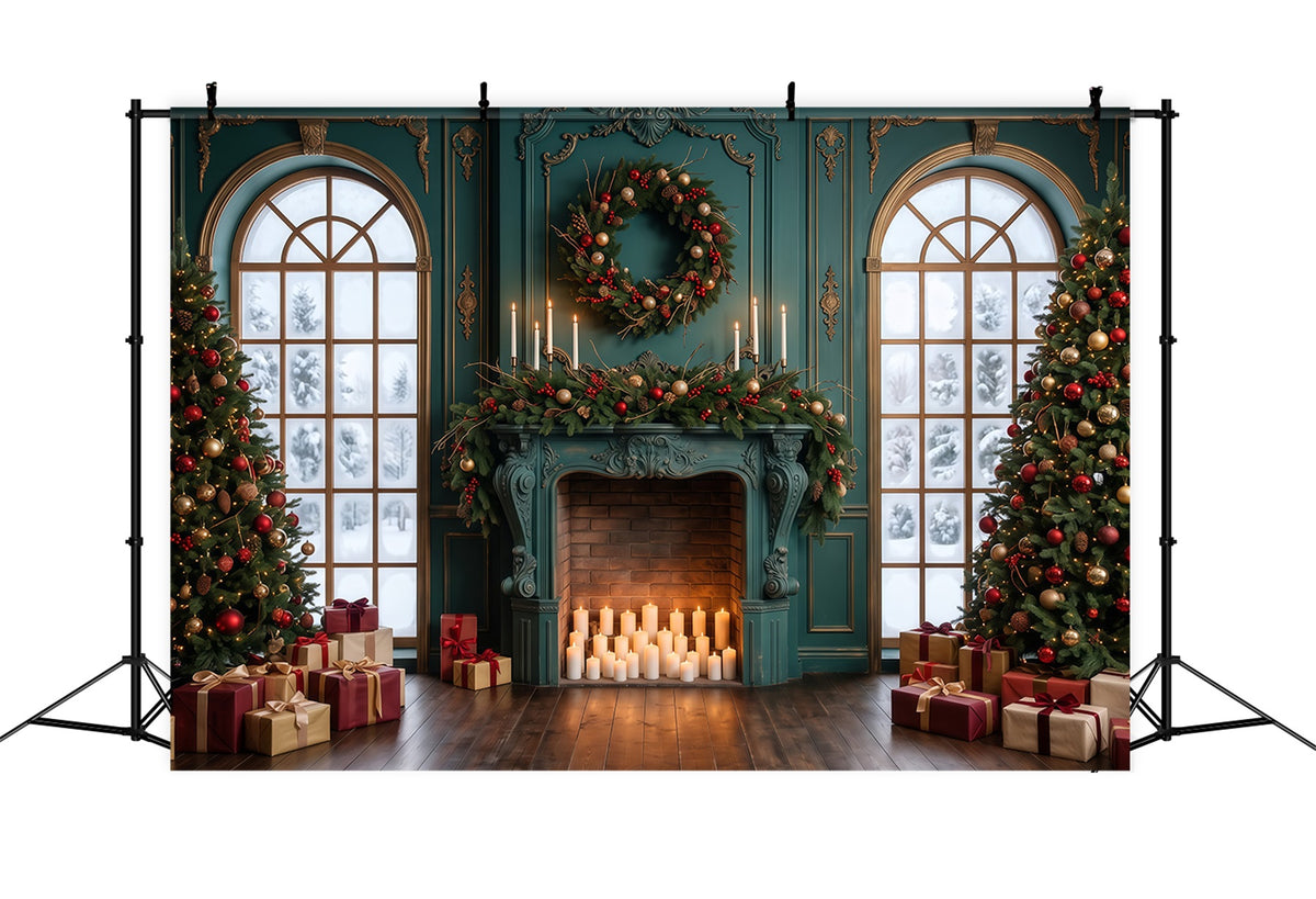 Living Room Christmas Backdrop Emerald Mantel Candlelight Christmas Card Backdrops RR610-154