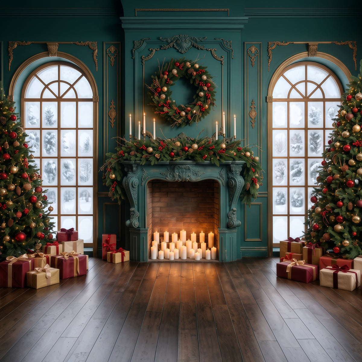 Living Room Christmas Backdrop Emerald Mantel Candlelight Christmas Card Backdrops RR610-154