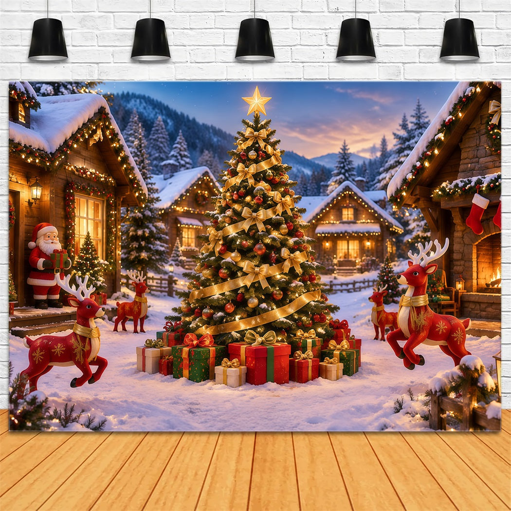 Retro Christmas Backdrop Golden Ribbon Snowy Village Reindeer Photo Backdrop RR610-156