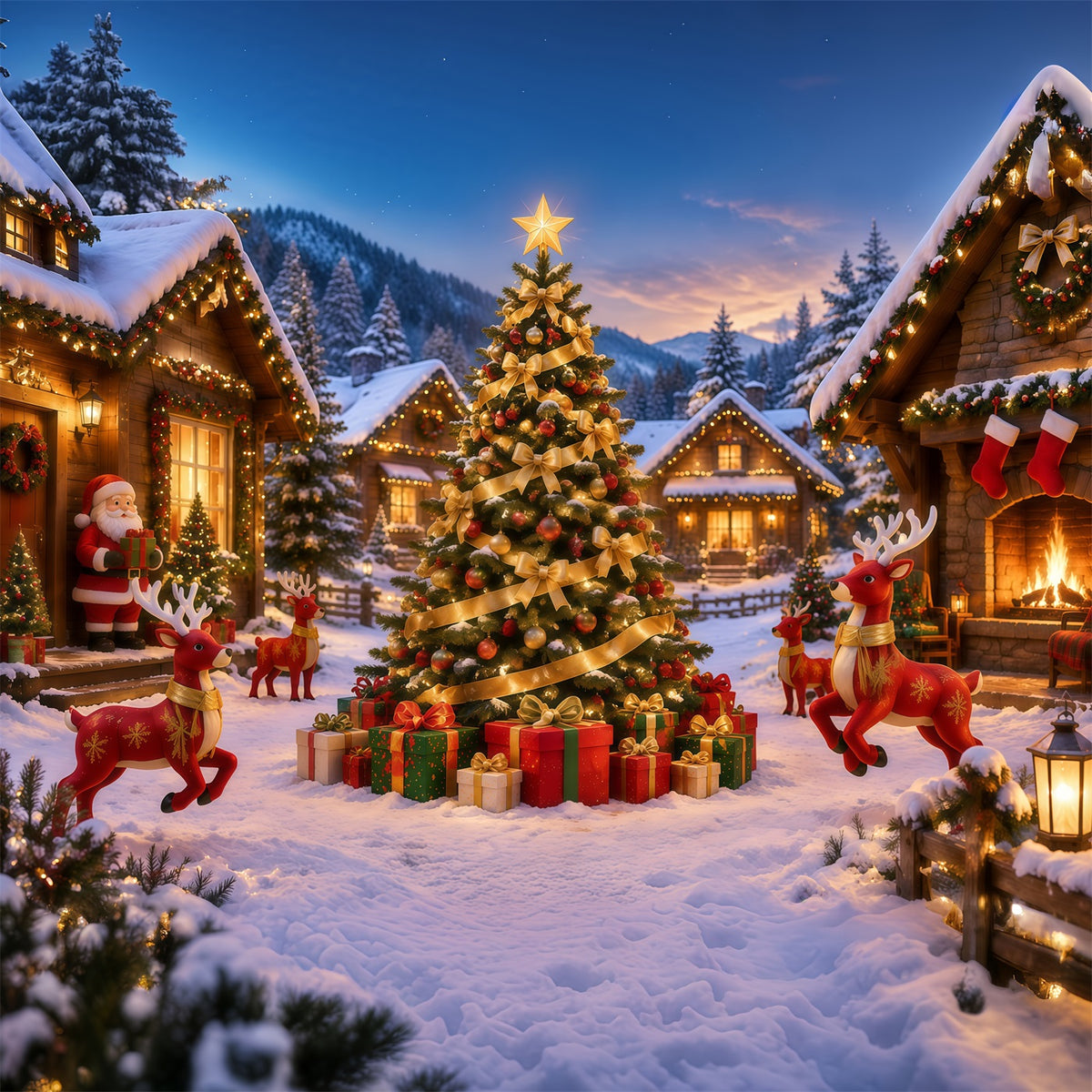 Retro Christmas Backdrop Golden Ribbon Snowy Village Reindeer Photo Backdrop RR610-156