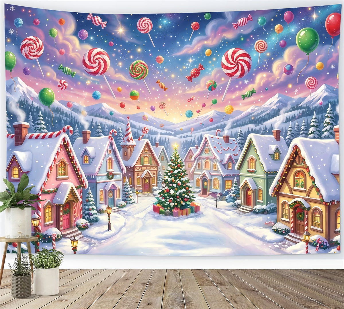 Candyland Christmas Backdrop Candy Lollipop Winter Village Photography Christmas Backdrop RR610-157