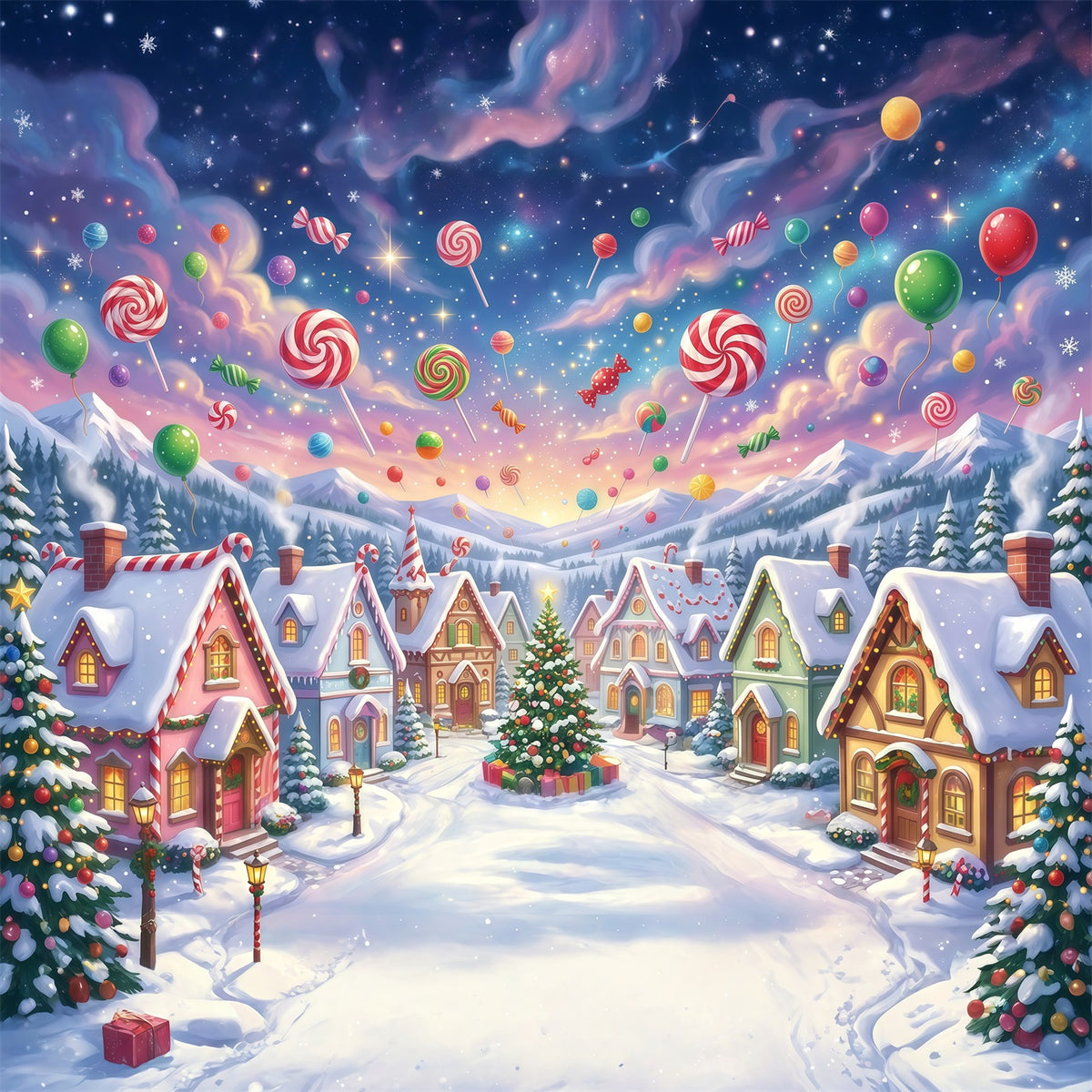 Candyland Christmas Backdrop Candy Lollipop Winter Village Photography Christmas Backdrop RR610-157