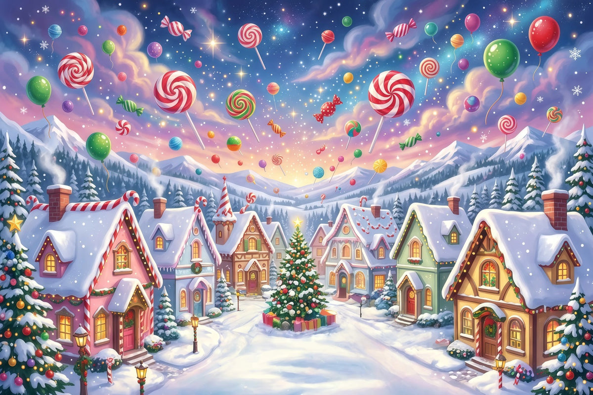 Candyland Christmas Backdrop Candy Lollipop Winter Village Photography Christmas Backdrop RR610-157