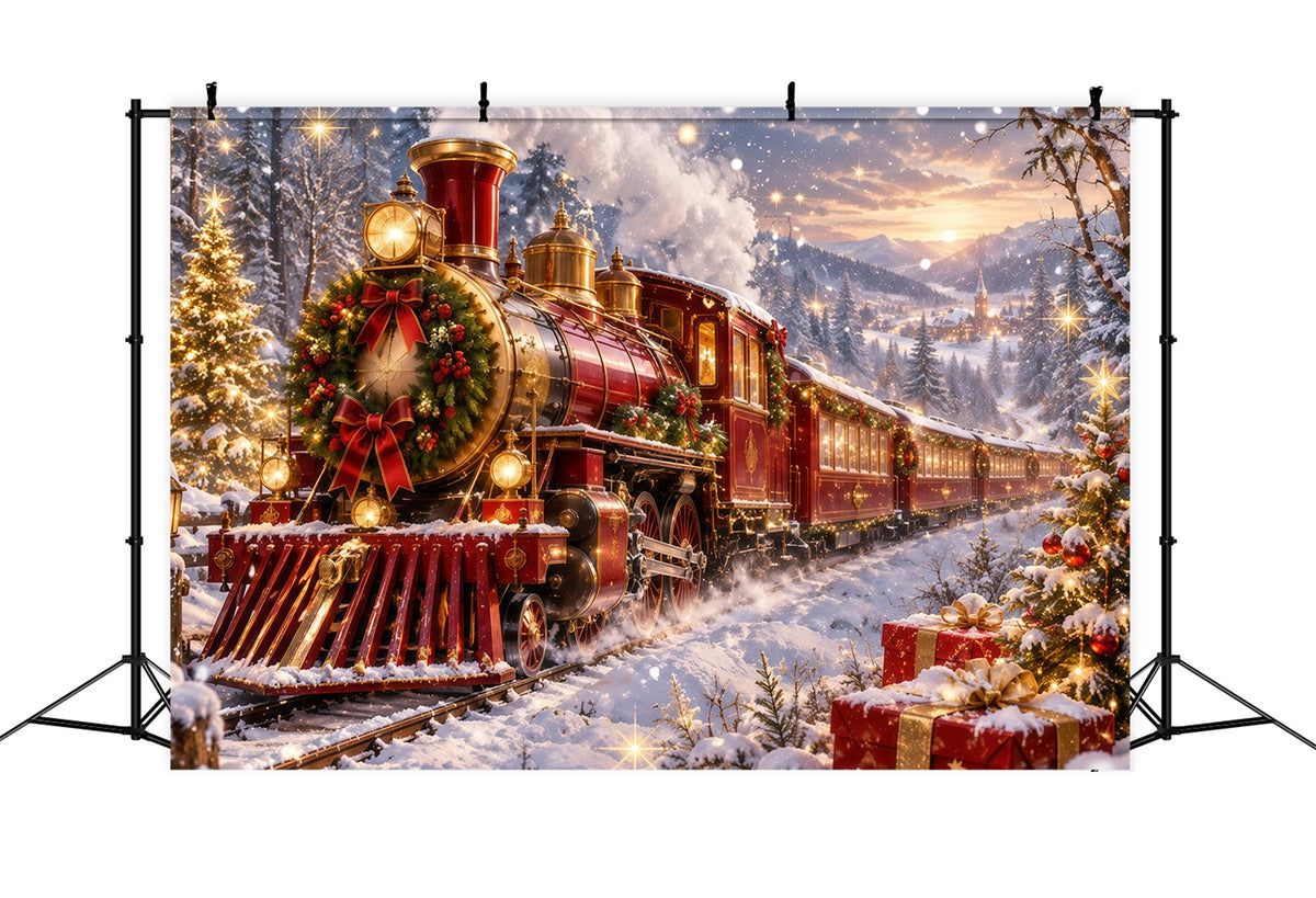 Professional Christmas Backdrop Festive Red Steam Train Christmas Village Backdrop RR610-158
