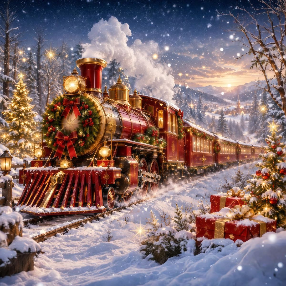 Professional Christmas Backdrop Festive Red Steam Train Christmas Village Backdrop RR610-158