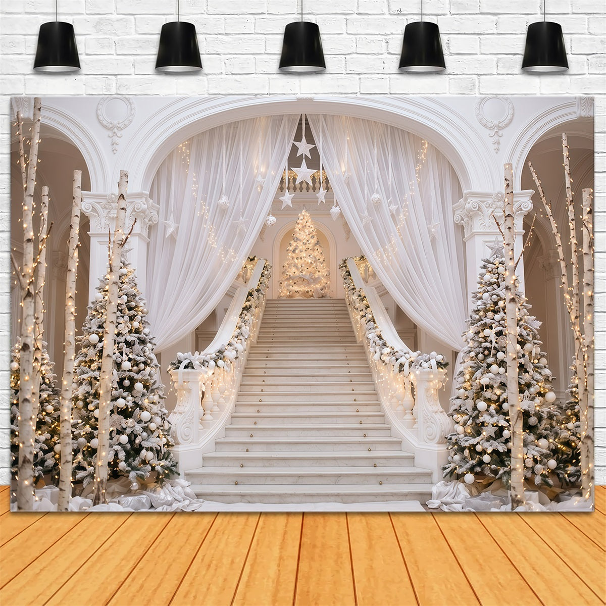 White Christmas Backdrop Elegant White Staircase Christmas Backdrops 10x10 RR610-16