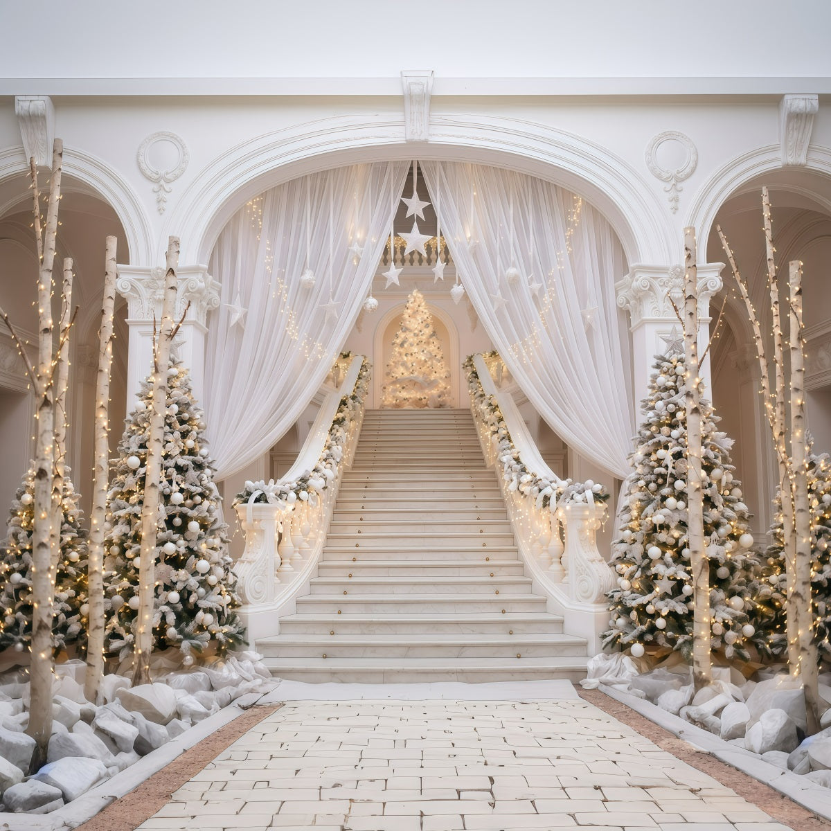 White Christmas Backdrop Elegant White Staircase Christmas Backdrops 10x10 RR610-16