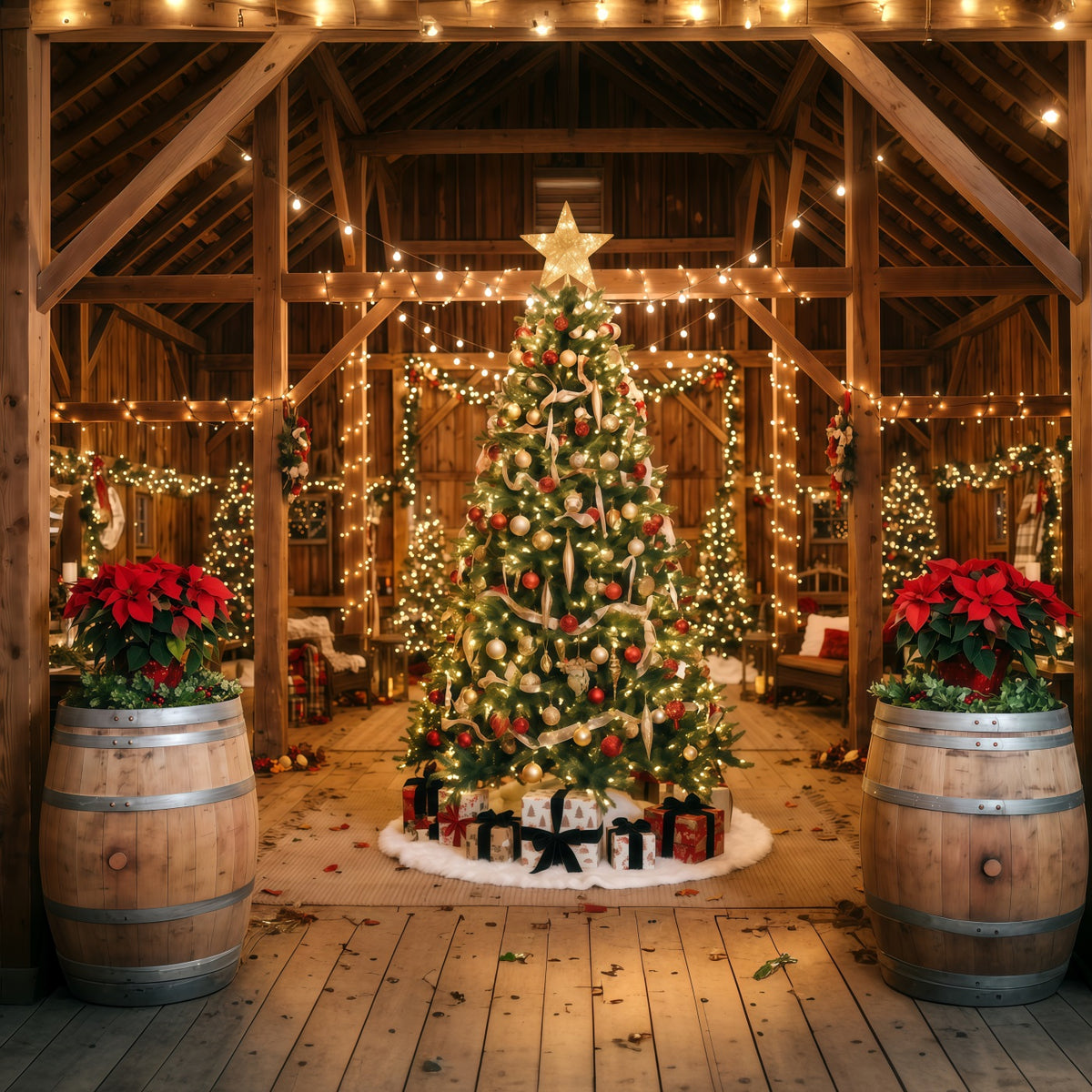 Christmas Lights Photo Backdrop Rustic Barn Tree Display Christmas Backdrop Pictures RR610-160