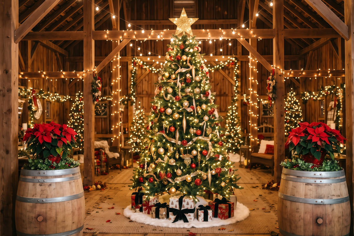 Christmas Lights Photo Backdrop Rustic Barn Tree Display Christmas Backdrop Pictures RR610-160