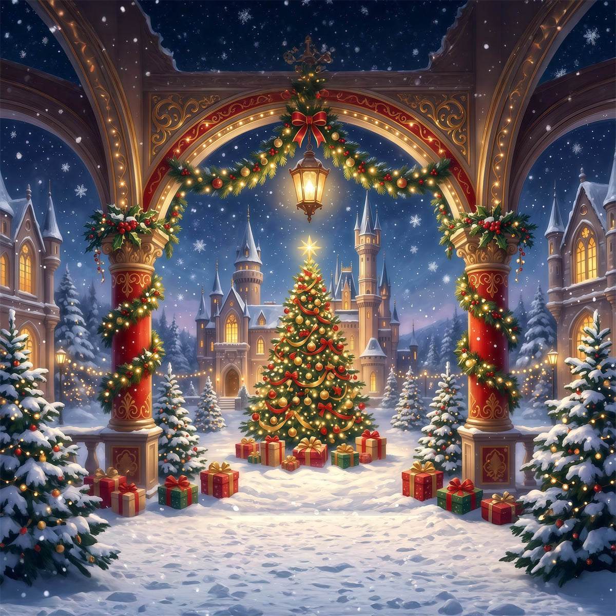 Christmas Arch Backdrop Gilded Castle Archway Christmas Party Picture Backdrop RR610-161