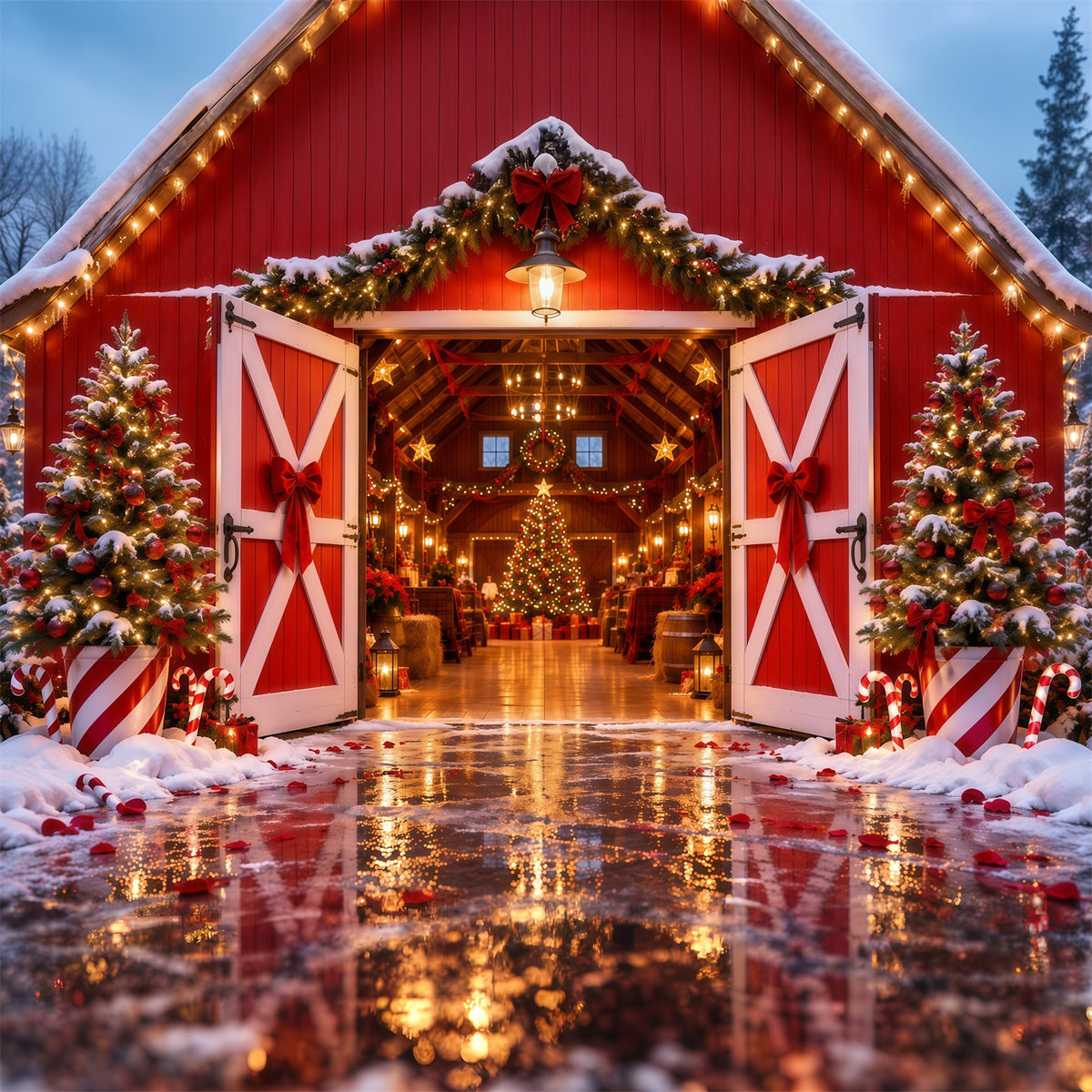 Christmas Tree Farm Backdrop Festive Red Barn Entrance Christmas Studio Backdrops RR610-163