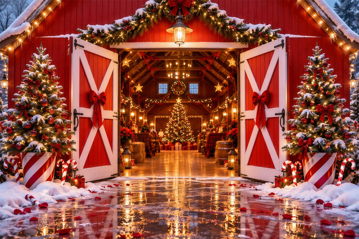 Christmas Tree Farm Backdrop Festive Red Barn Entrance Christmas Studio Backdrops RR610-163