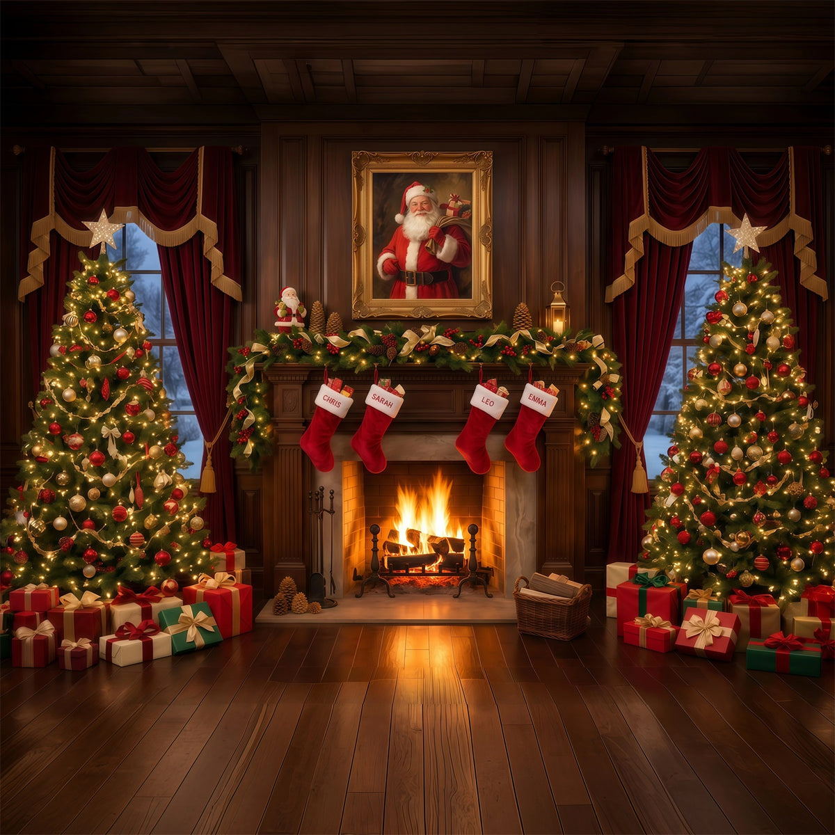 Santa Photo Backdrop Vintage Fireplace Stocking Display Christmas Backdrops for Sale RR610-170